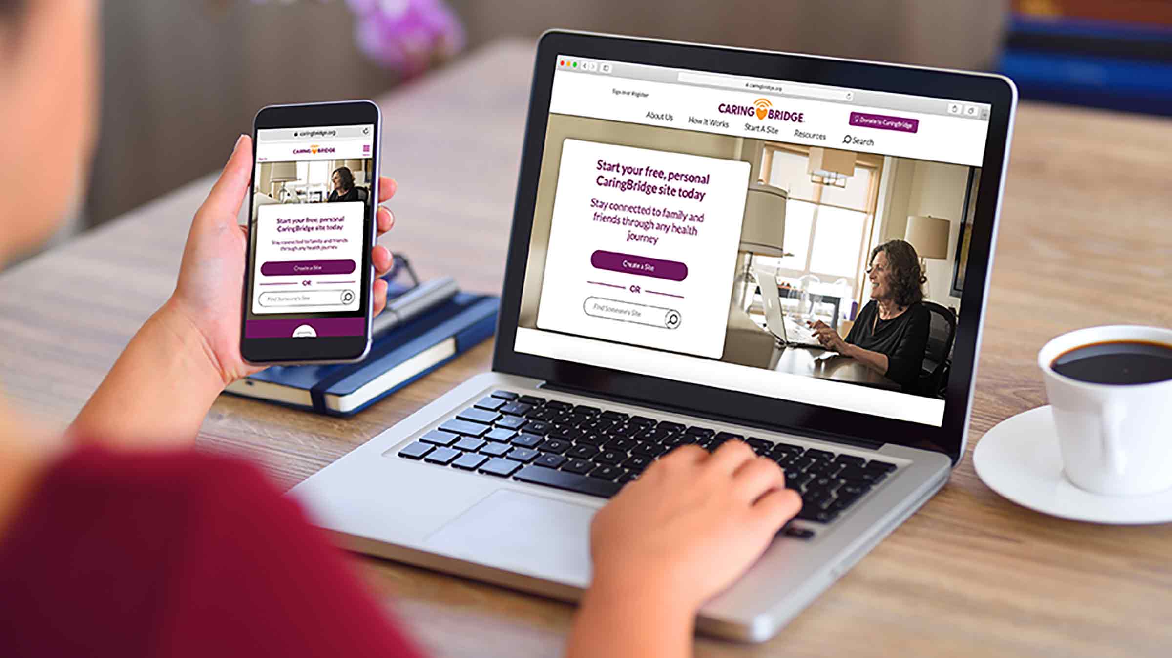 computer and phone displaying caringbridge homepage.